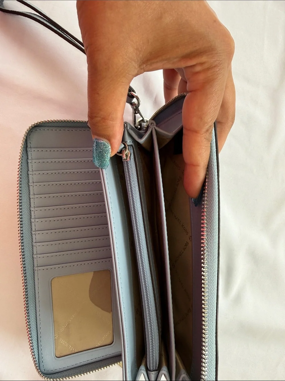 Michael Kors Light Gray Pebbled Leather Wristlet Wallet with Gold Logo